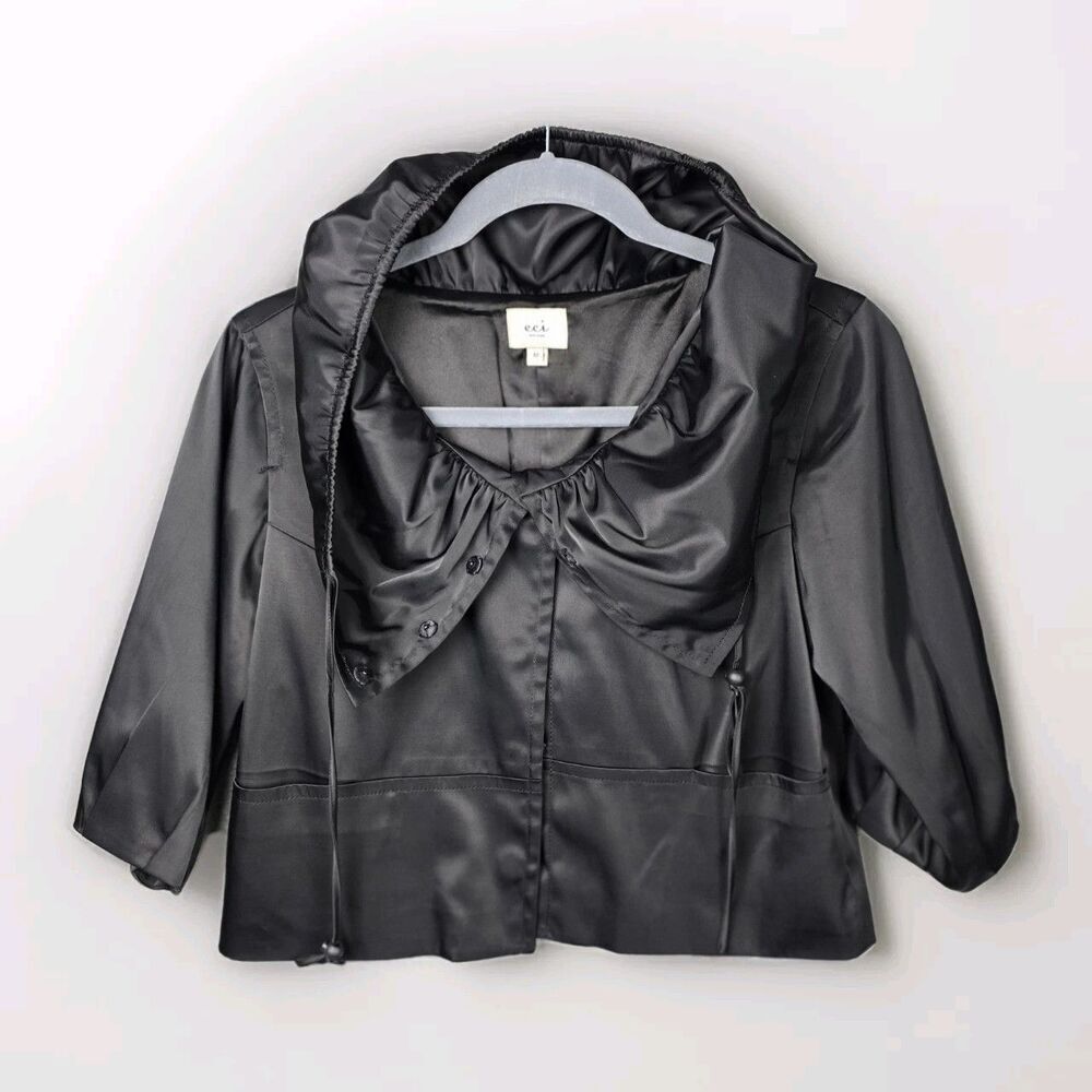 ECI New York Jacket Black 12 Satin Cropped Swing Funnel Collar Pockets Statement